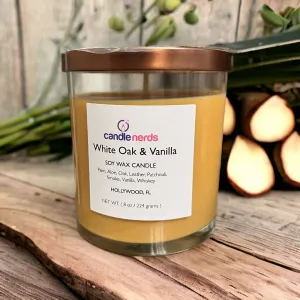 White Oak & Vanilla Soy Wax Candle in a Glass Jar with a Black Lid