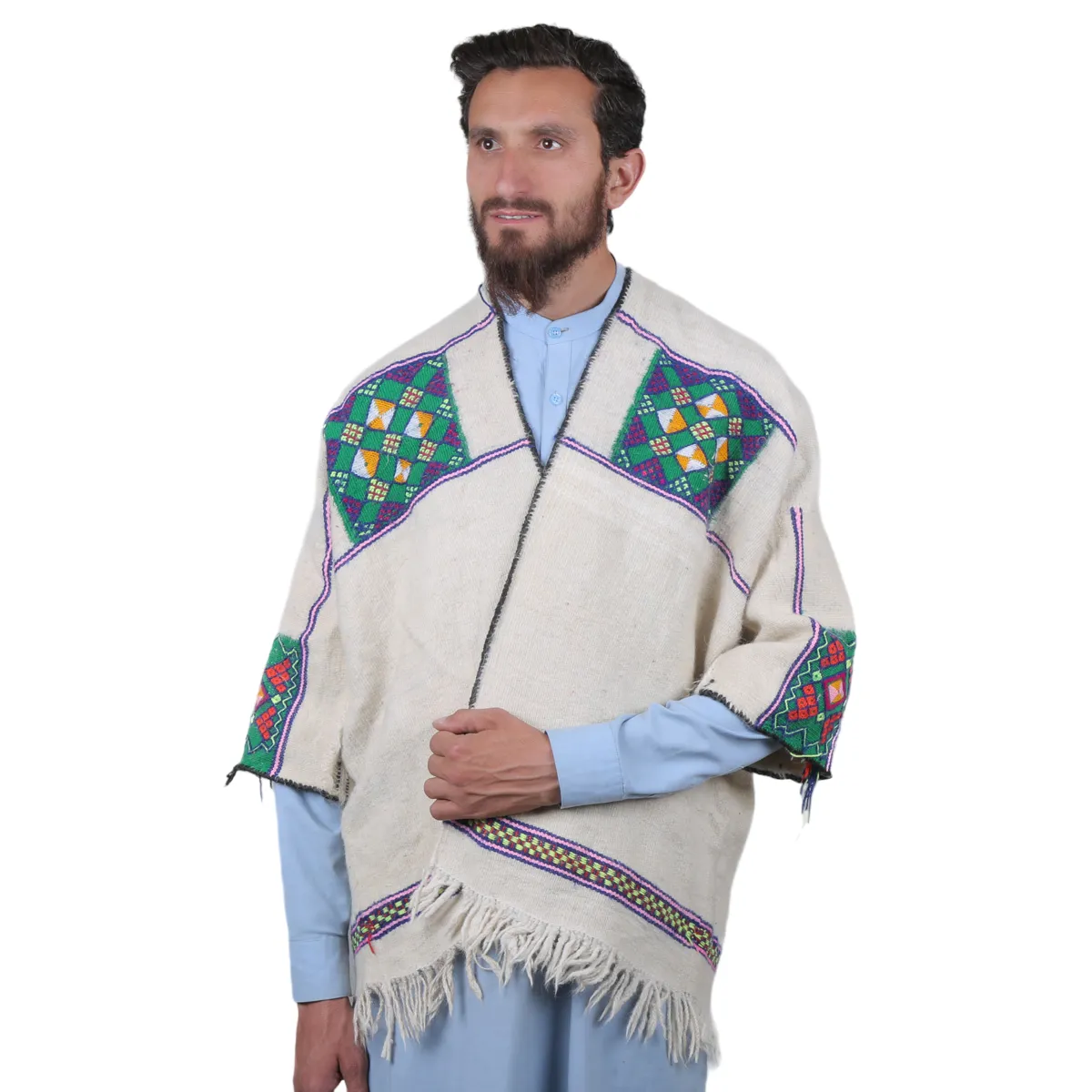 White Woolen Chapan with Nuristani Embroidery | Perfect for Parties Nk-069