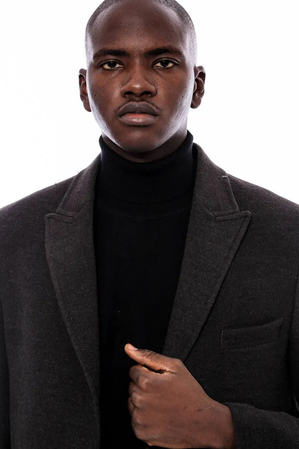 Wide Pointed Collar Smoked Over Knee Men Coat - Wessi