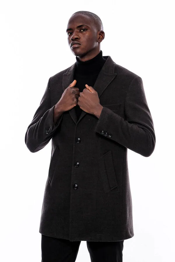 Wide Pointed Collar Smoked Over Knee Men Coat - Wessi