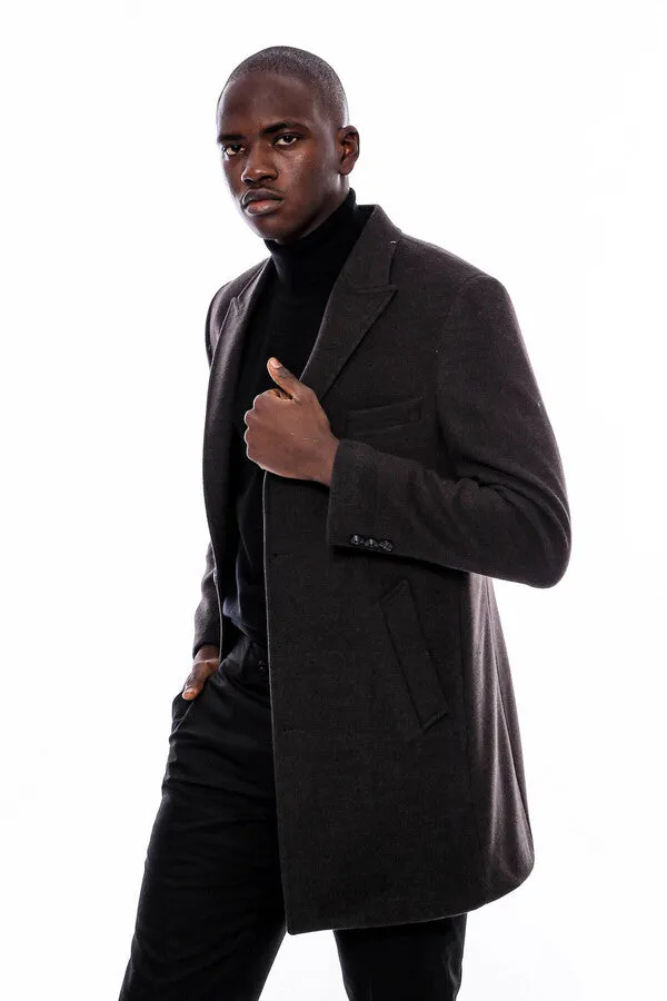 Wide Pointed Collar Smoked Over Knee Men Coat - Wessi