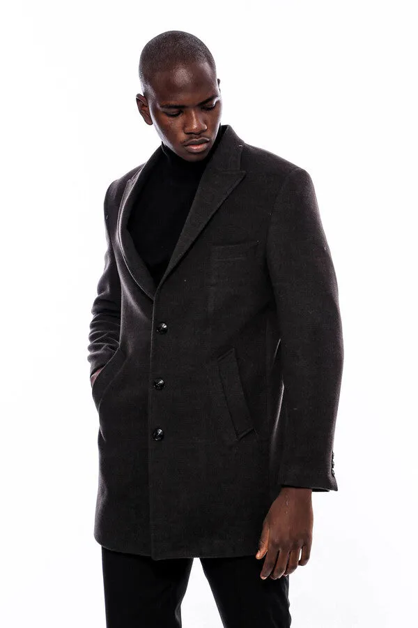Wide Pointed Collar Smoked Over Knee Men Coat - Wessi