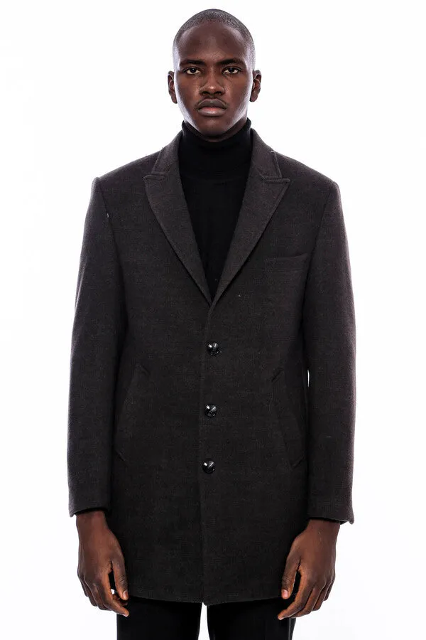 Wide Pointed Collar Smoked Over Knee Men Coat - Wessi