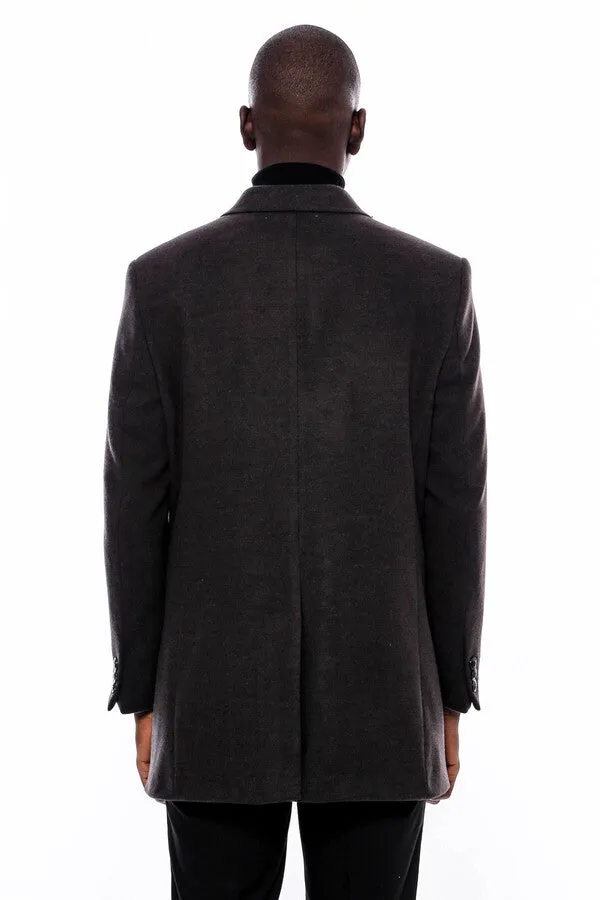 Wide Pointed Collar Smoked Over Knee Men Coat - Wessi