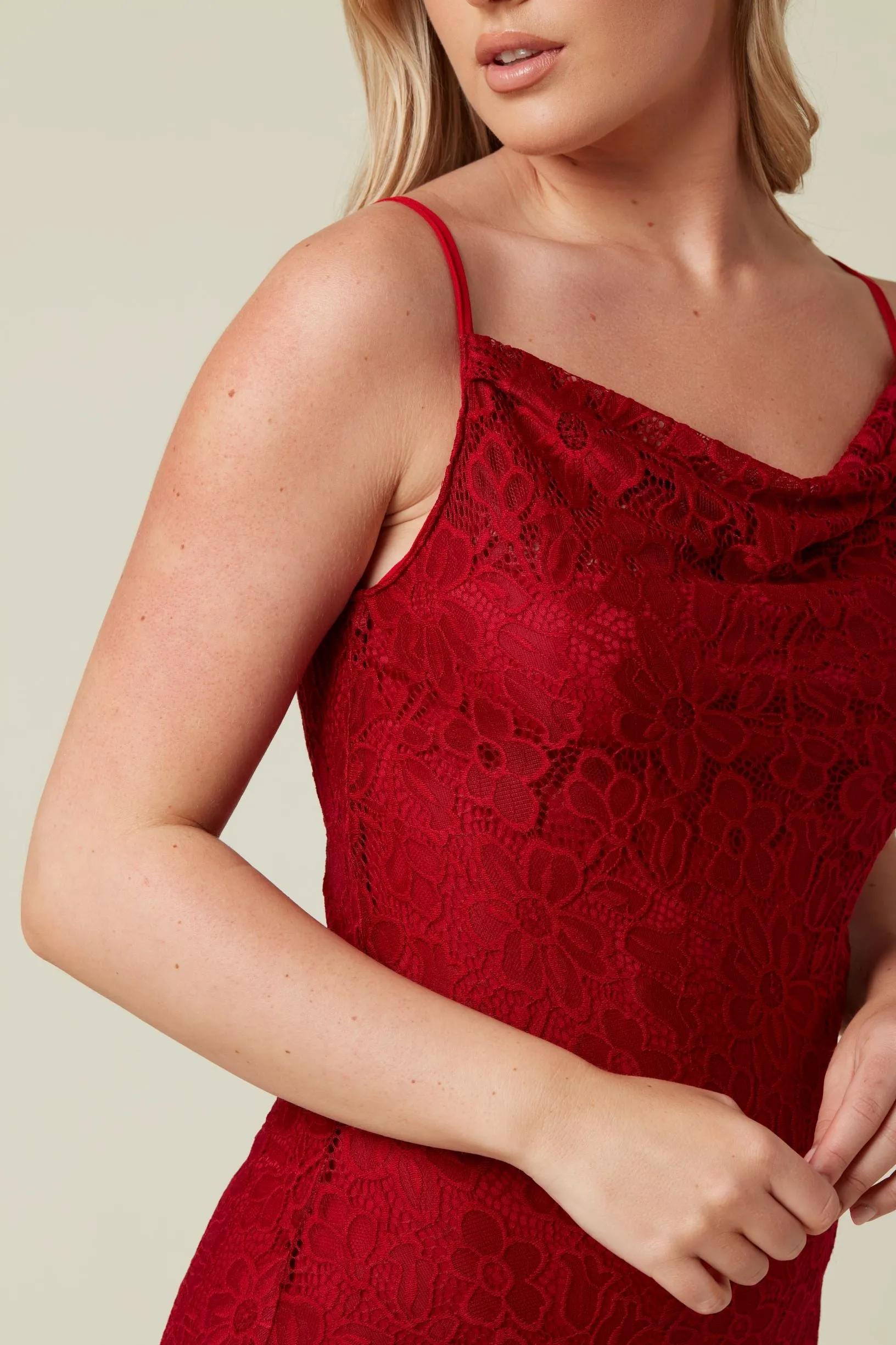 Wine Stretch Lace Maxi Dress with Cowl Neck