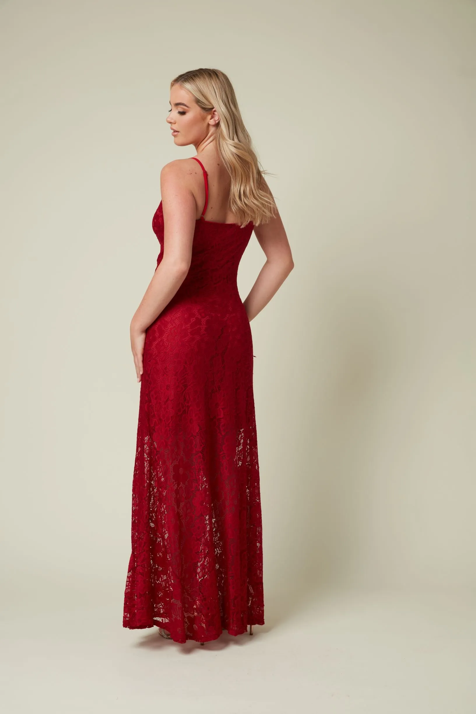 Wine Stretch Lace Maxi Dress with Cowl Neck