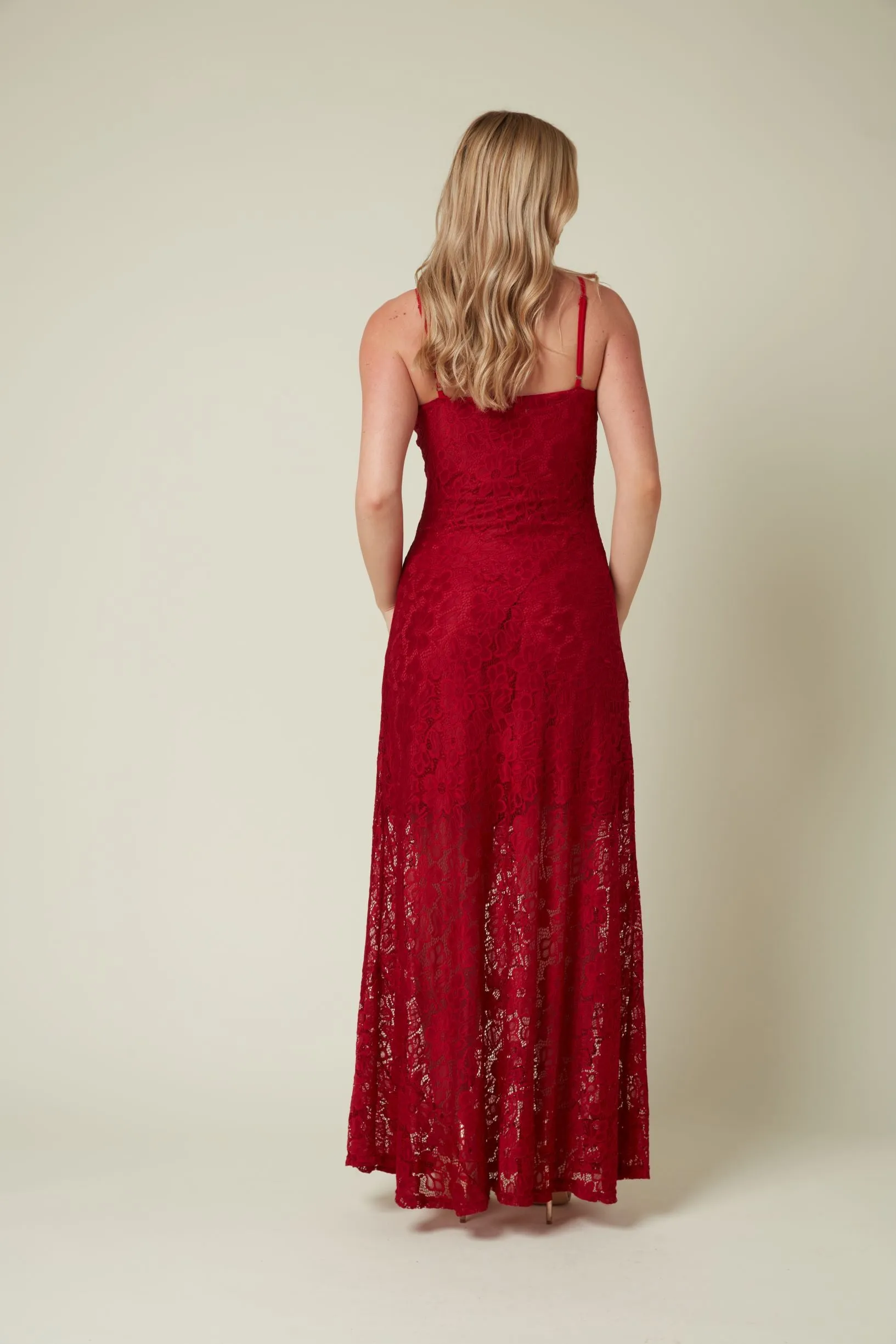 Wine Stretch Lace Maxi Dress with Cowl Neck
