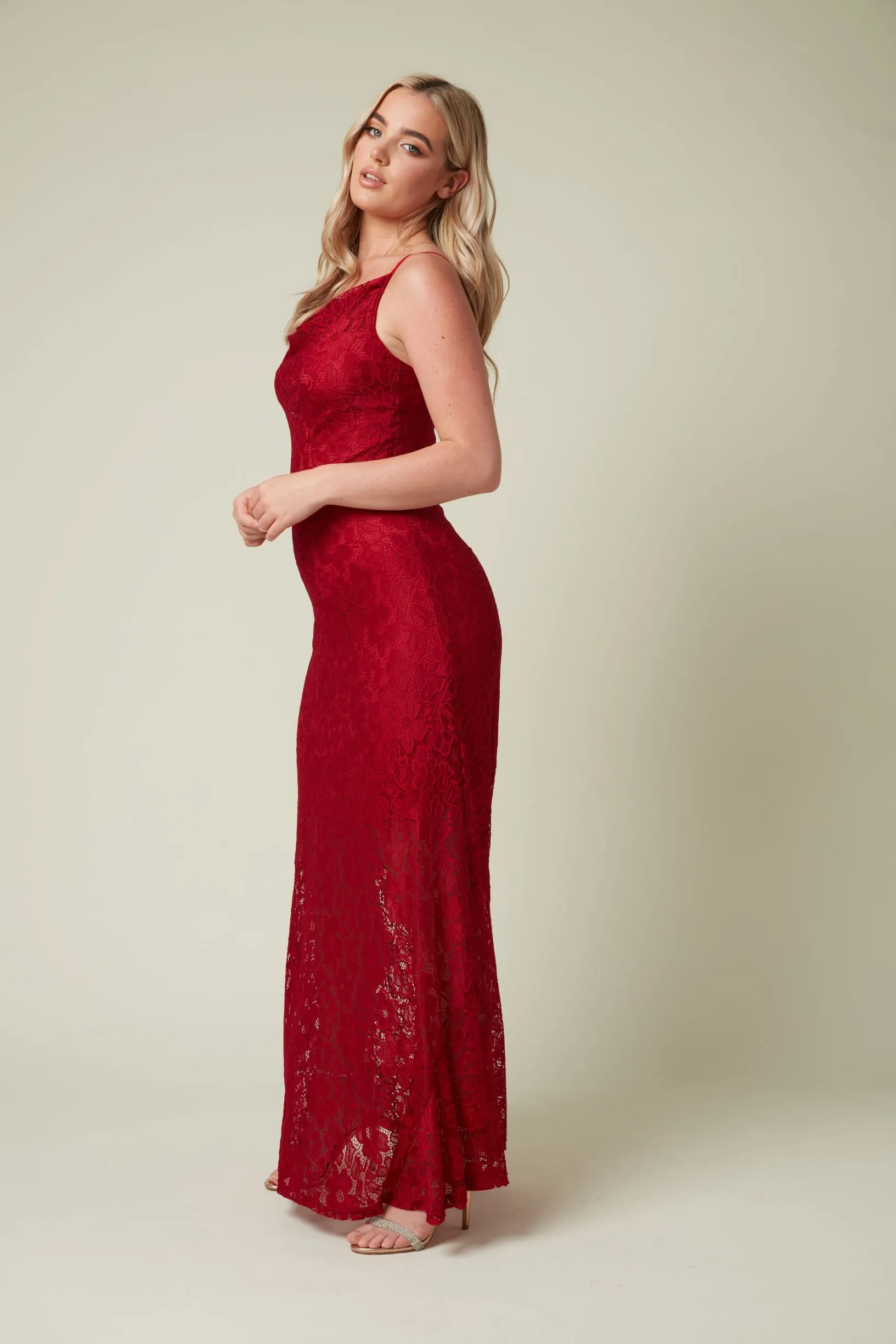 Wine Stretch Lace Maxi Dress with Cowl Neck