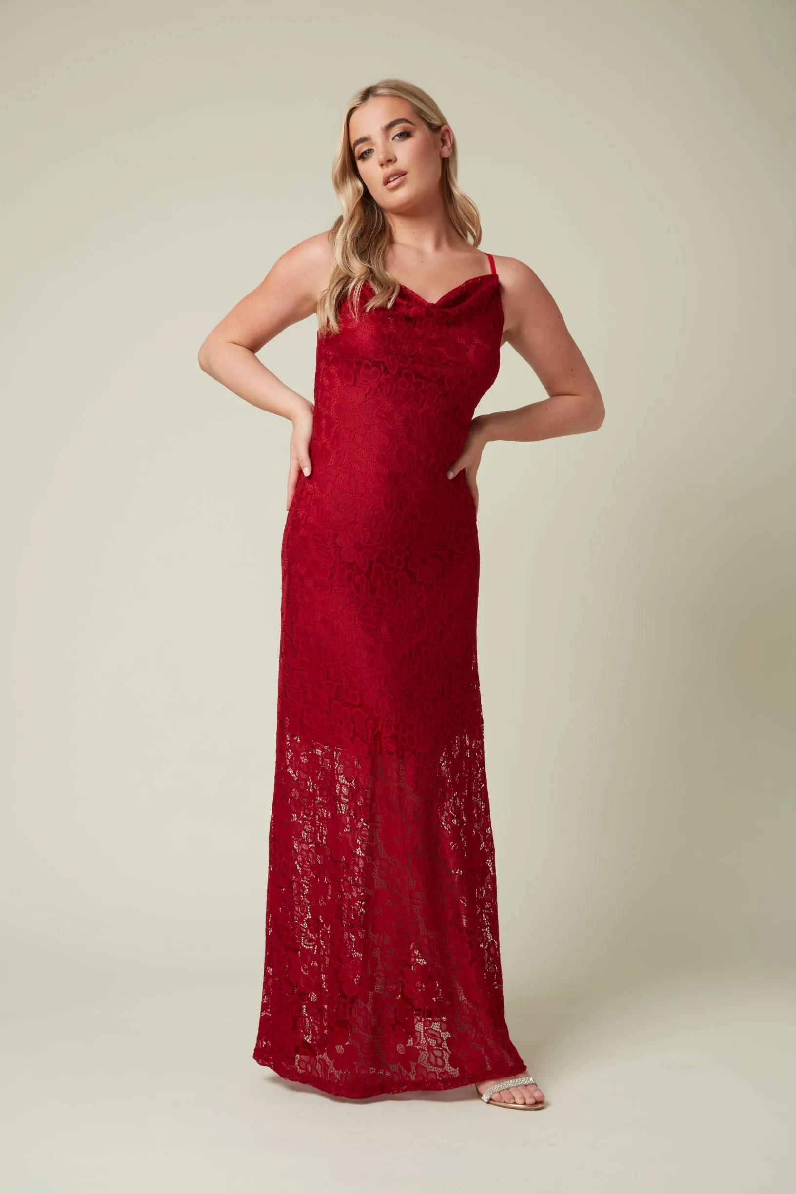 Wine Stretch Lace Maxi Dress with Cowl Neck