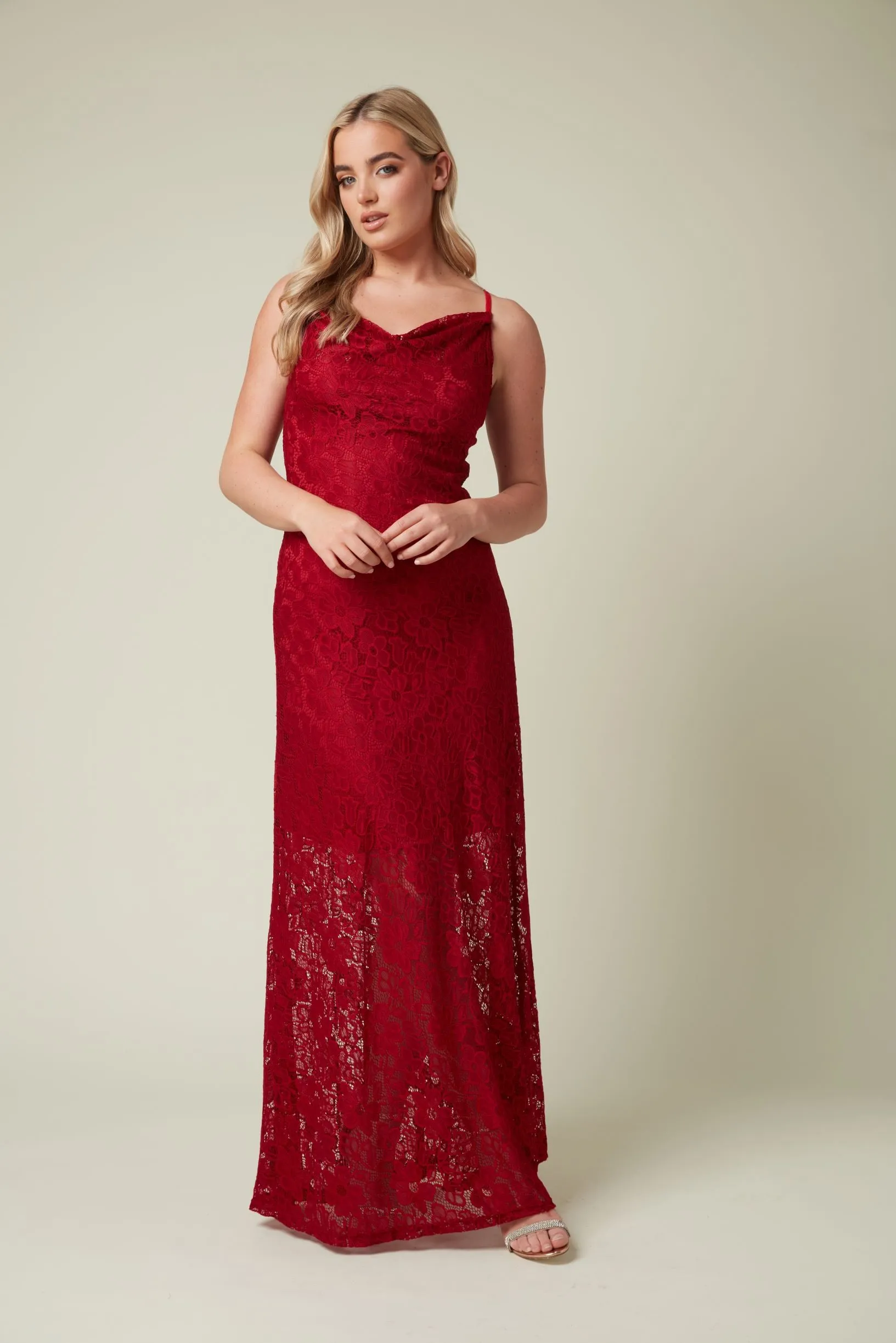Wine Stretch Lace Maxi Dress with Cowl Neck