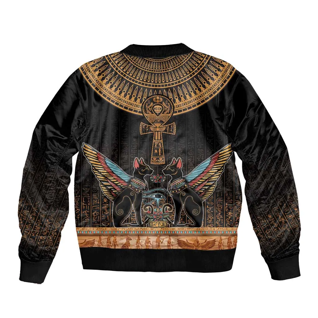 Winged Egypt Cats Bomber Jacket Hieroglyphs Alphabet Pattern LT18