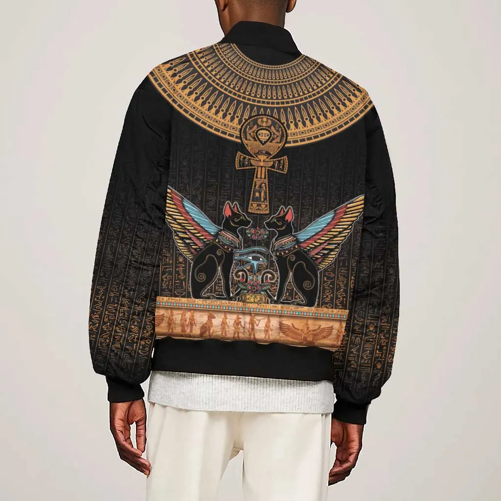 Winged Egypt Cats Bomber Jacket Hieroglyphs Alphabet Pattern LT18
