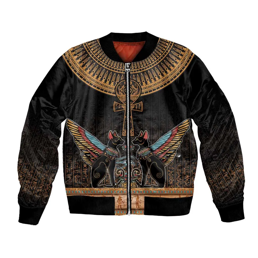 Winged Egypt Cats Bomber Jacket Hieroglyphs Alphabet Pattern LT18
