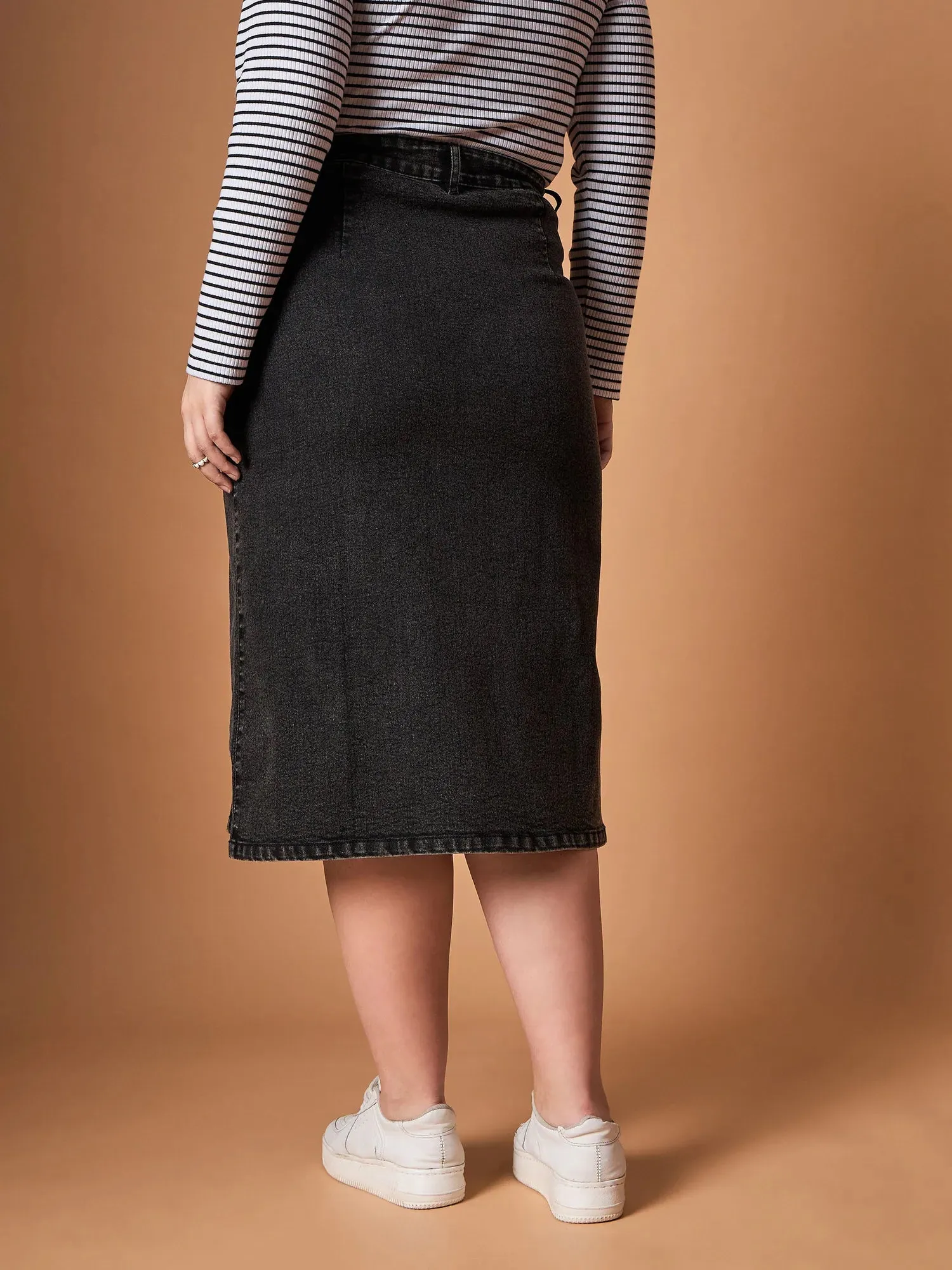 Women Black Acid Wash Denim Side Button Midi Skirt-SFSKRT30468