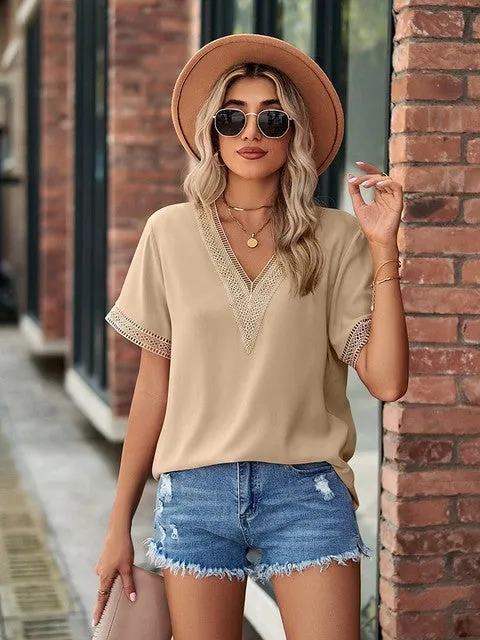 Women Blouses And Tops Fashion Lace V Neck Shirt