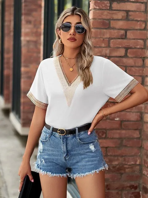 Women Blouses And Tops Fashion Lace V Neck Shirt