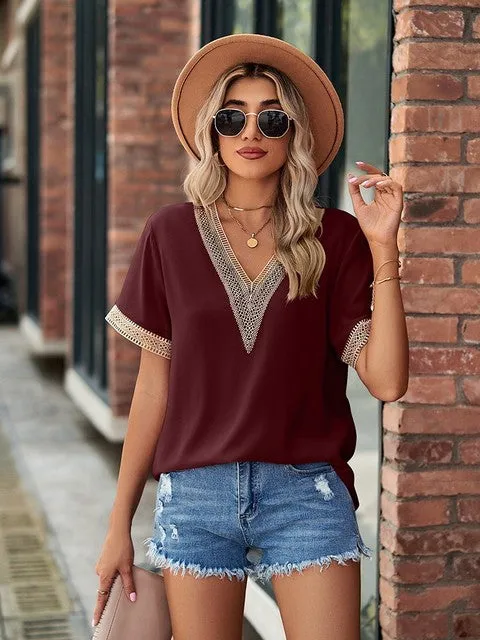 Women Blouses And Tops Fashion Lace V Neck Shirt
