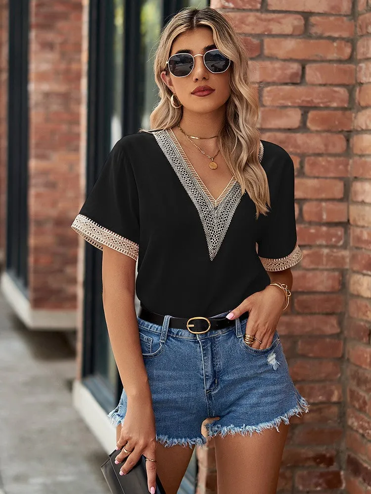 Women Blouses And Tops Fashion Lace V Neck Shirt
