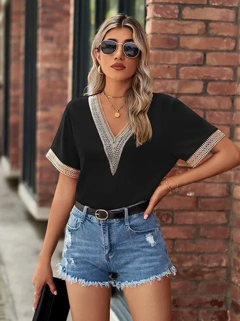 Women Blouses And Tops Fashion Lace V Neck Shirt