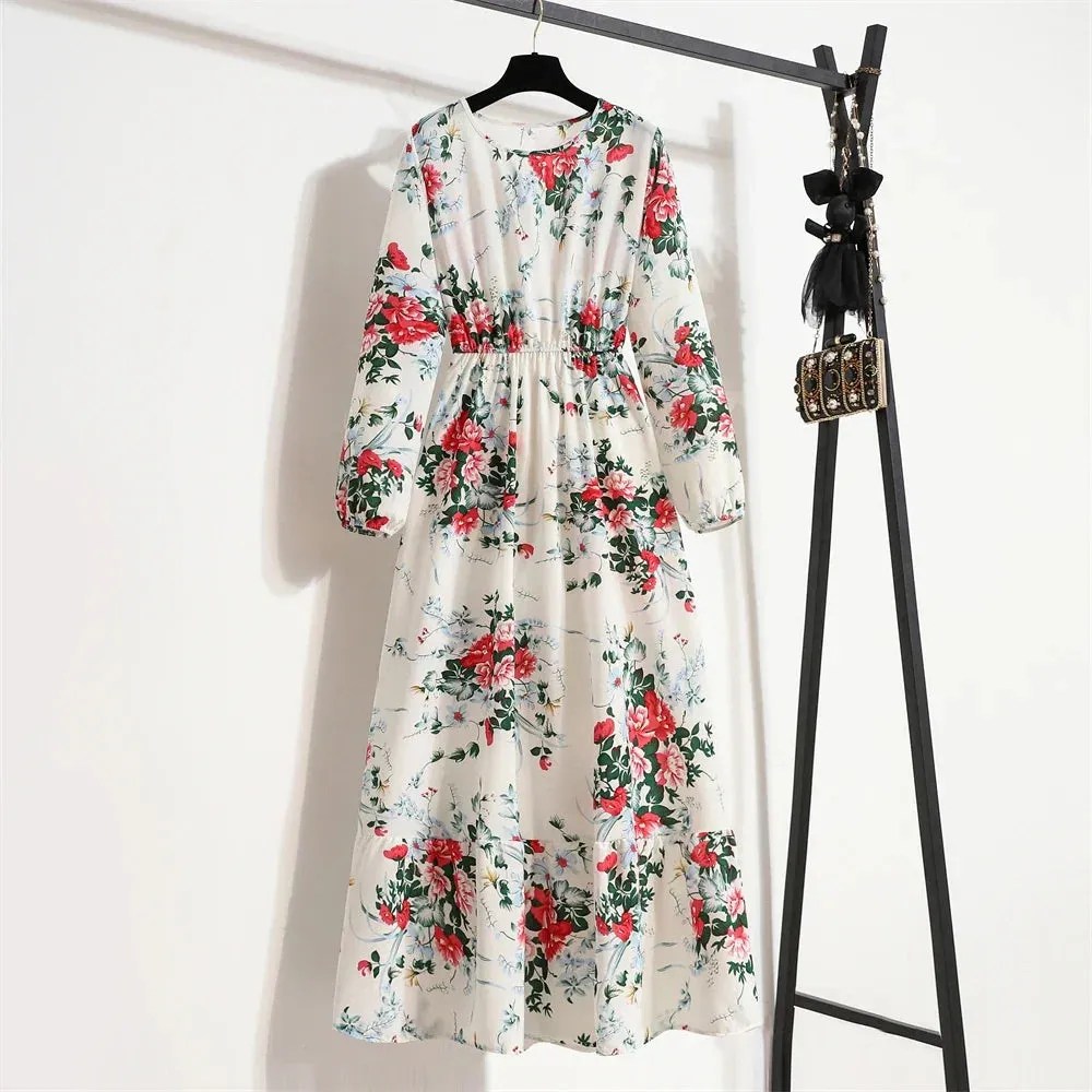 Women Maxi Dresses Casual Full Sleeve Floral Printed or solid color, O-neck, classic, timeless and elegant