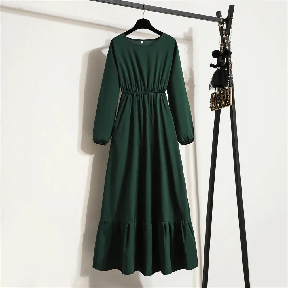 Women Maxi Dresses Casual Full Sleeve Floral Printed or solid color, O-neck, classic, timeless and elegant