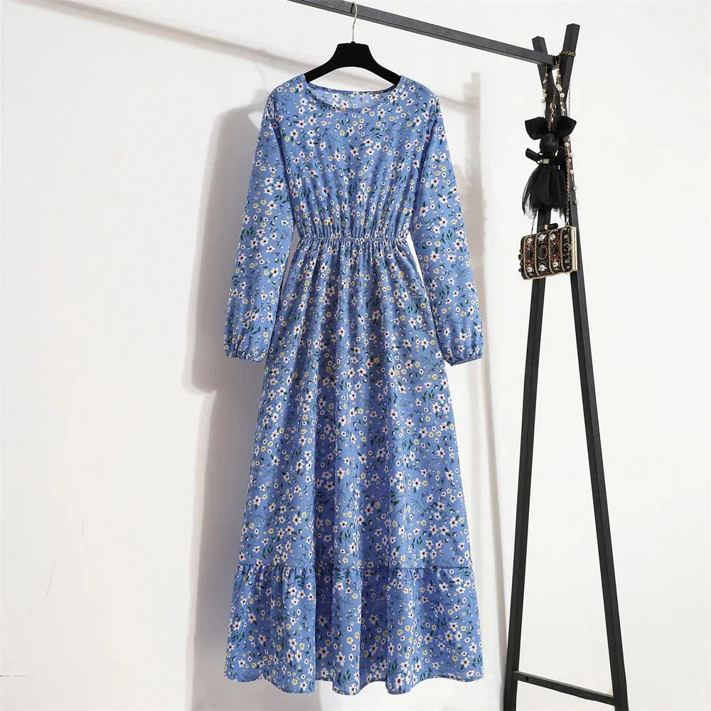 Women Maxi Dresses Casual Full Sleeve Floral Printed or solid color, O-neck, classic, timeless and elegant