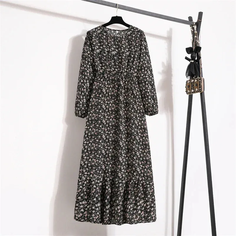 Women Maxi Dresses Casual Full Sleeve Floral Printed or solid color, O-neck, classic, timeless and elegant
