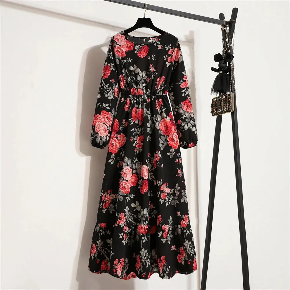 Women Maxi Dresses Casual Full Sleeve Floral Printed or solid color, O-neck, classic, timeless and elegant