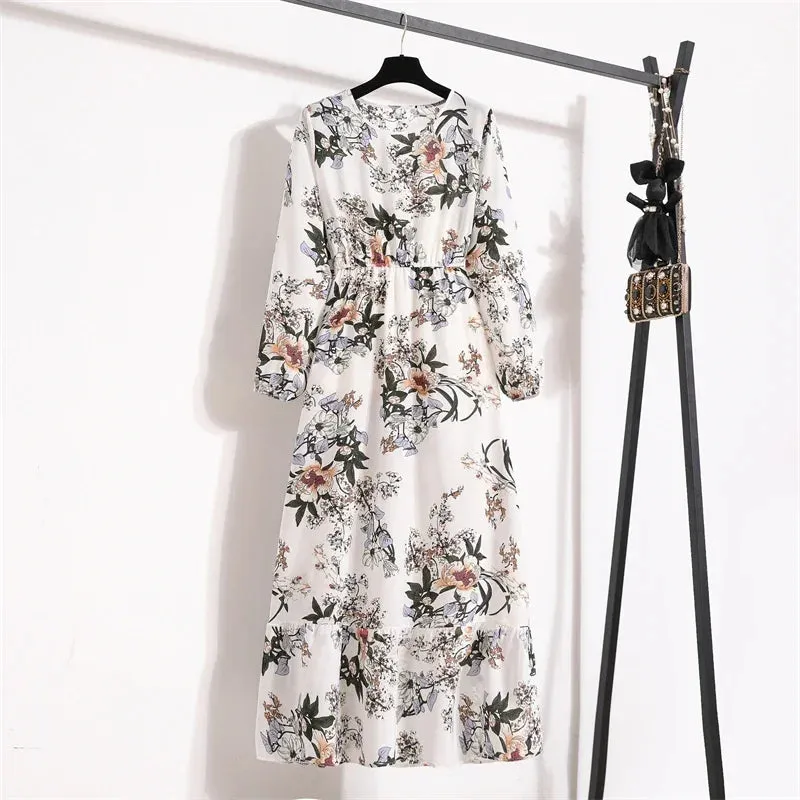 Women Maxi Dresses Casual Full Sleeve Floral Printed or solid color, O-neck, classic, timeless and elegant