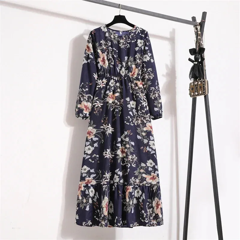Women Maxi Dresses Casual Full Sleeve Floral Printed or solid color, O-neck, classic, timeless and elegant