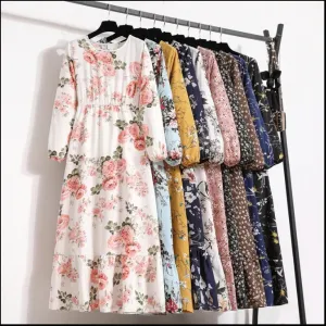 Women Maxi Dresses Casual Full Sleeve Floral Printed or solid color, O-neck, classic, timeless and elegant
