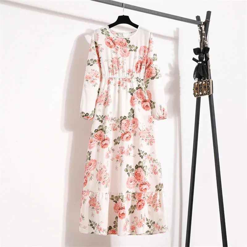 Women Maxi Dresses Casual Full Sleeve Floral Printed or solid color, O-neck, classic, timeless and elegant