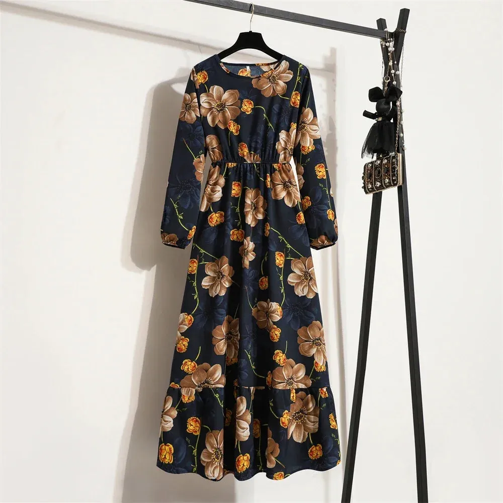Women Maxi Dresses Casual Full Sleeve Floral Printed or solid color, O-neck, classic, timeless and elegant