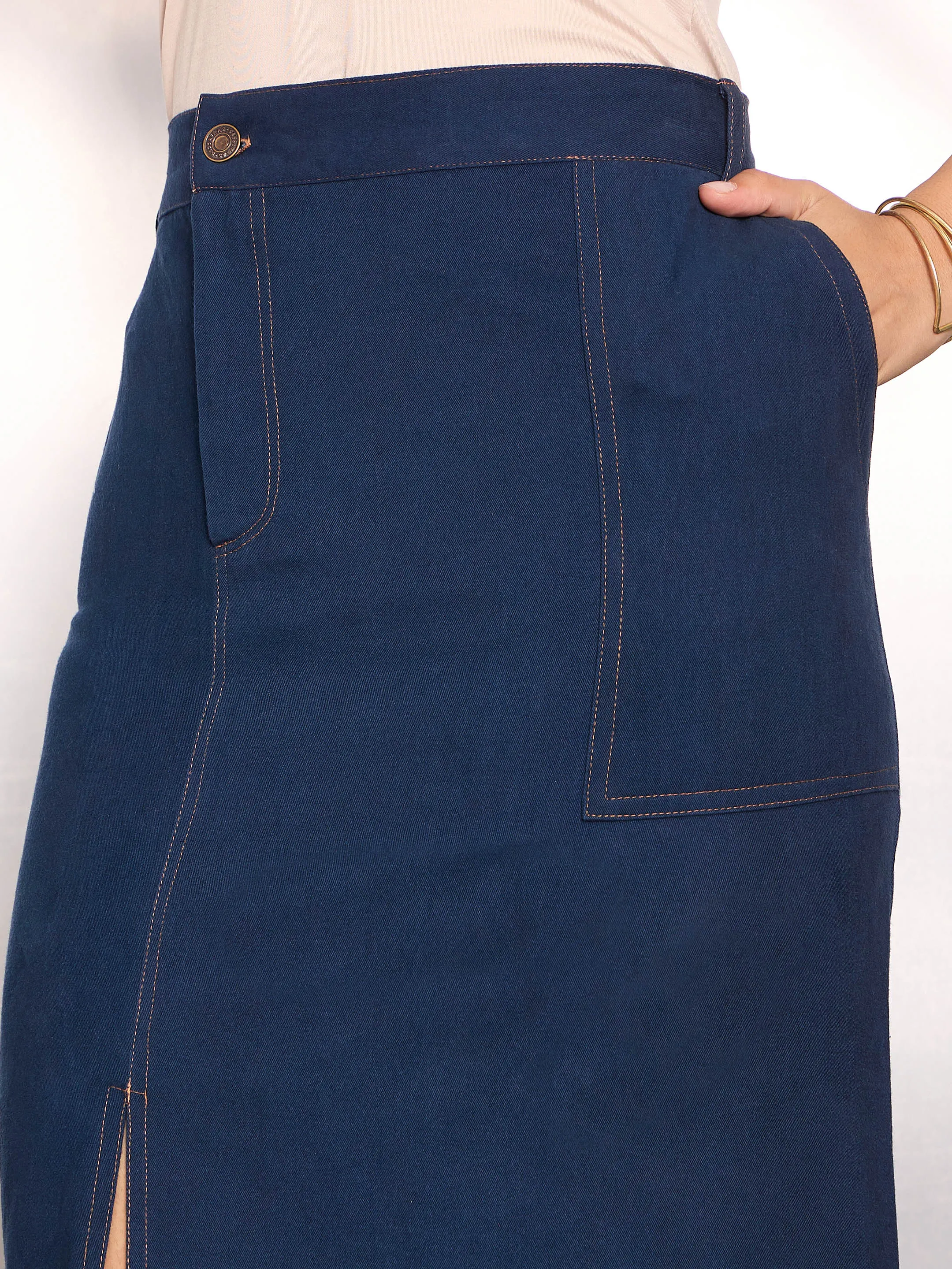 Women Navy Blue Twill Contrast Hem Pencil Skirt