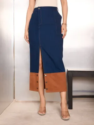 Women Navy Blue Twill Contrast Hem Pencil Skirt