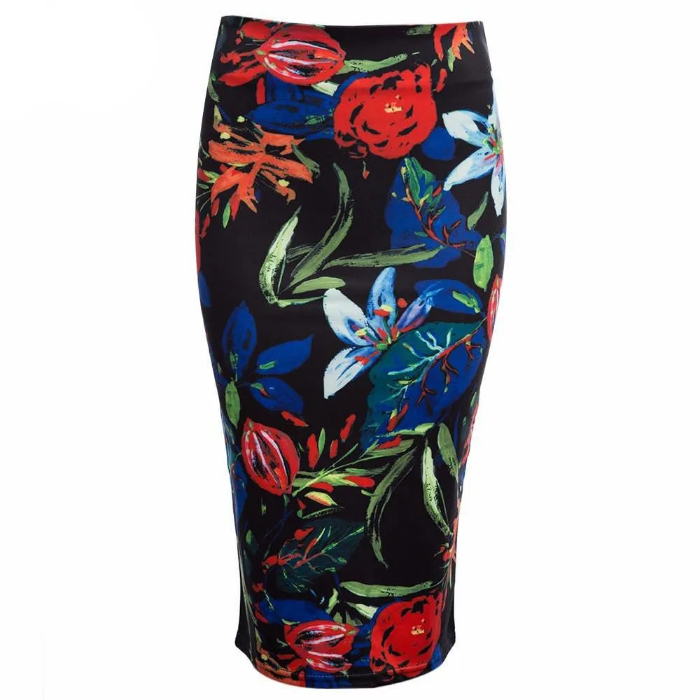 Women Pencil Skirt Floral Print Skirt Slim Hip Pencil Skirts Vintage High Waist White Pattern Bodycon Ladies Midi Skirts