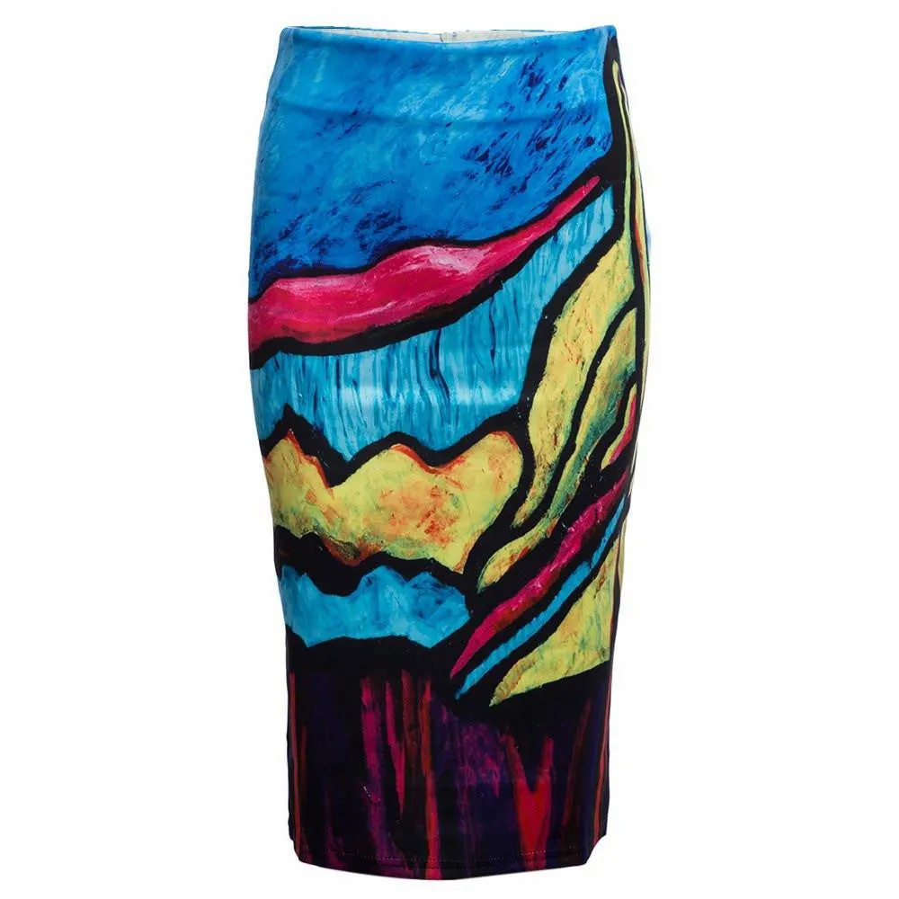 Women Pencil Skirt Floral Print Skirt Slim Hip Pencil Skirts Vintage High Waist White Pattern Bodycon Ladies Midi Skirts