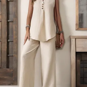Women Sleeveless Textured Vest And Wide-Leg Button Front Pants Set
