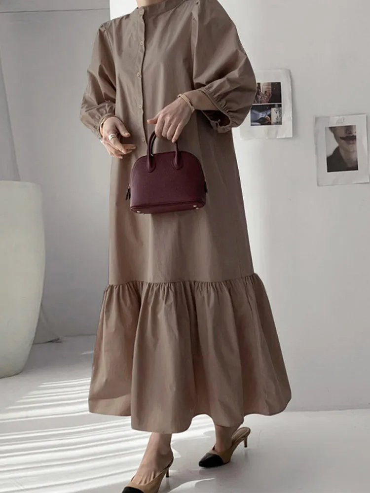 Women Solid Color Button Down Front 3/4 Sleeve Maxi Dresses