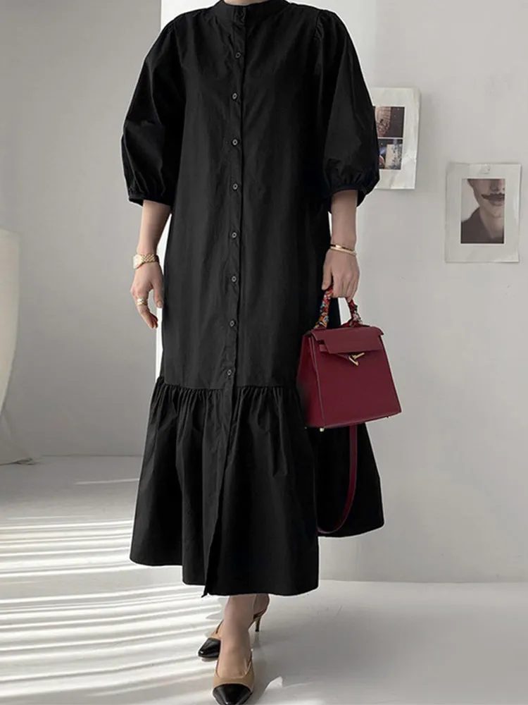 Women Solid Color Button Down Front 3/4 Sleeve Maxi Dresses