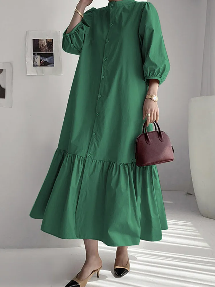 Women Solid Color Button Down Front 3/4 Sleeve Maxi Dresses
