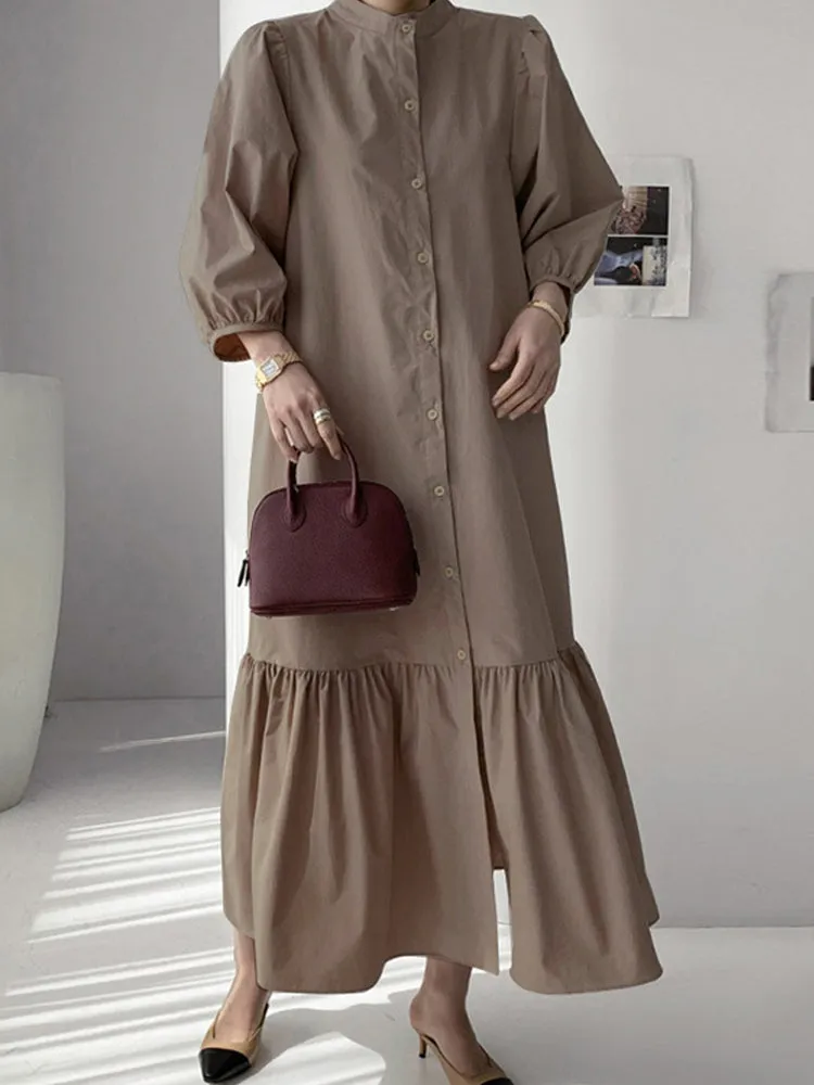 Women Solid Color Button Down Front 3/4 Sleeve Maxi Dresses