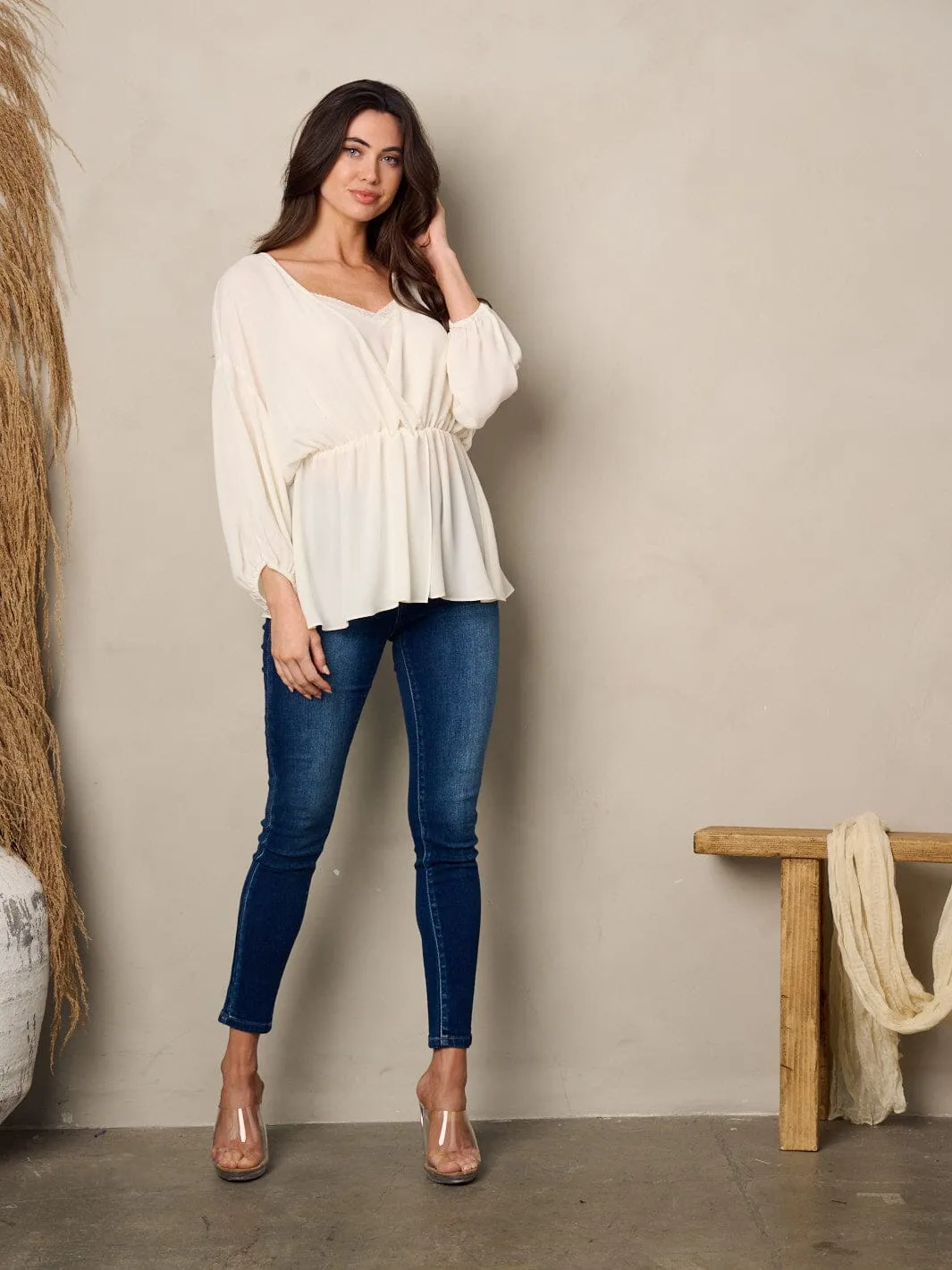 WOMEN'S 3/4 SLEEVE ELASTIC WAIST BLOUSE TOP