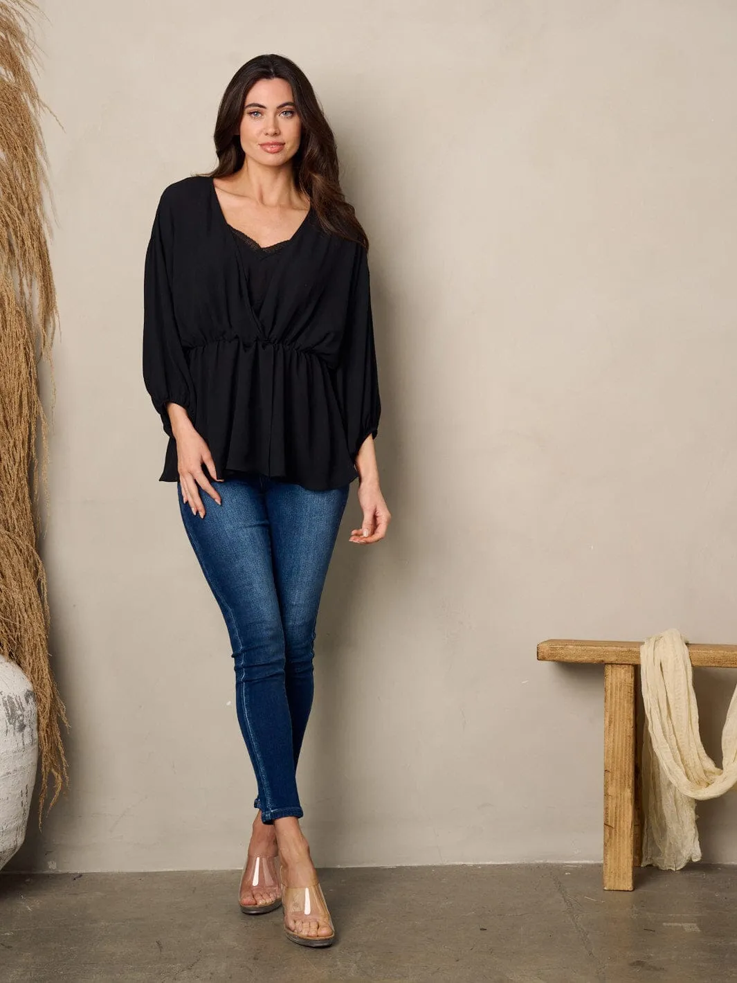WOMEN'S 3/4 SLEEVE ELASTIC WAIST BLOUSE TOP