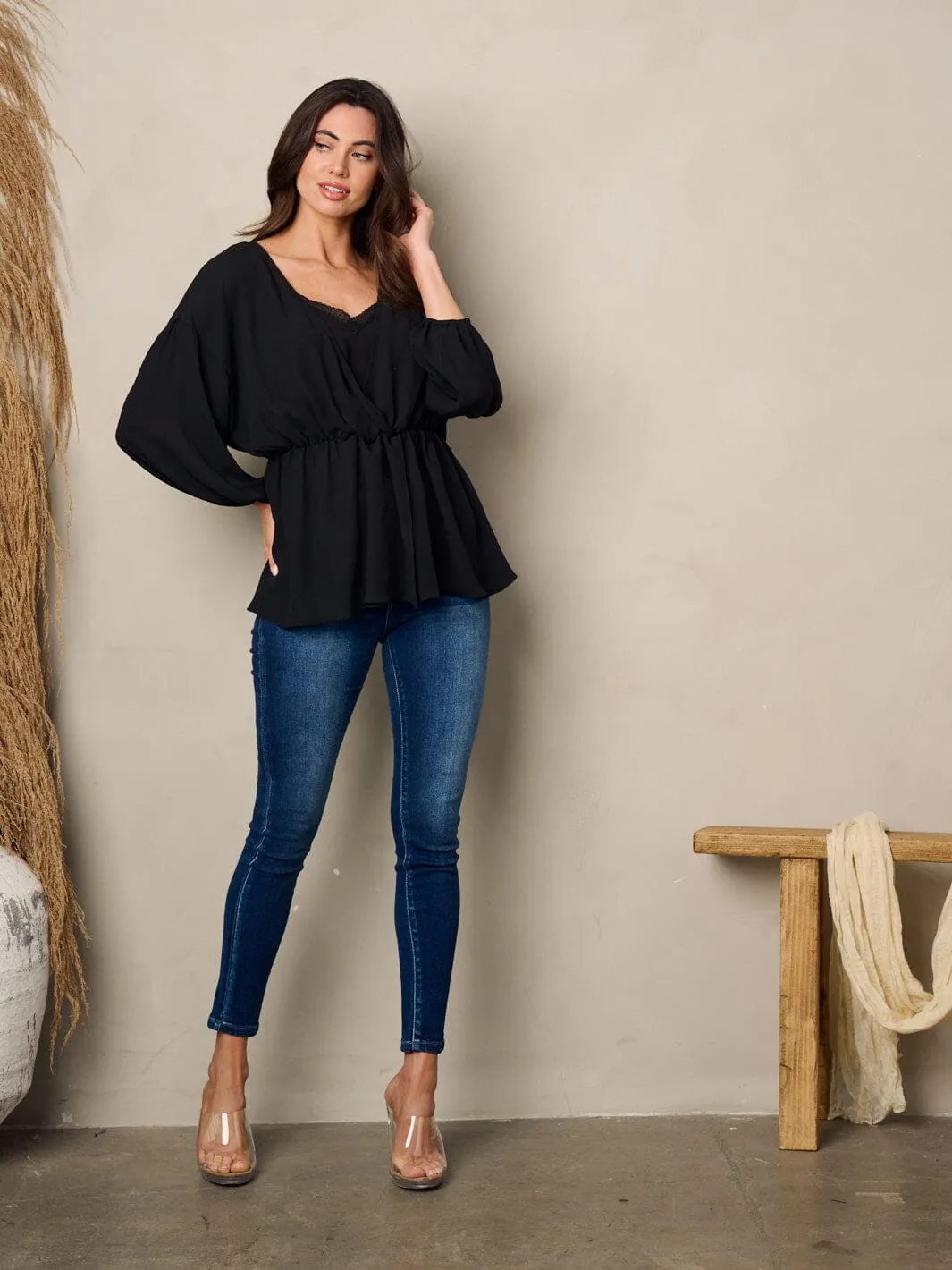 WOMEN'S 3/4 SLEEVE ELASTIC WAIST BLOUSE TOP