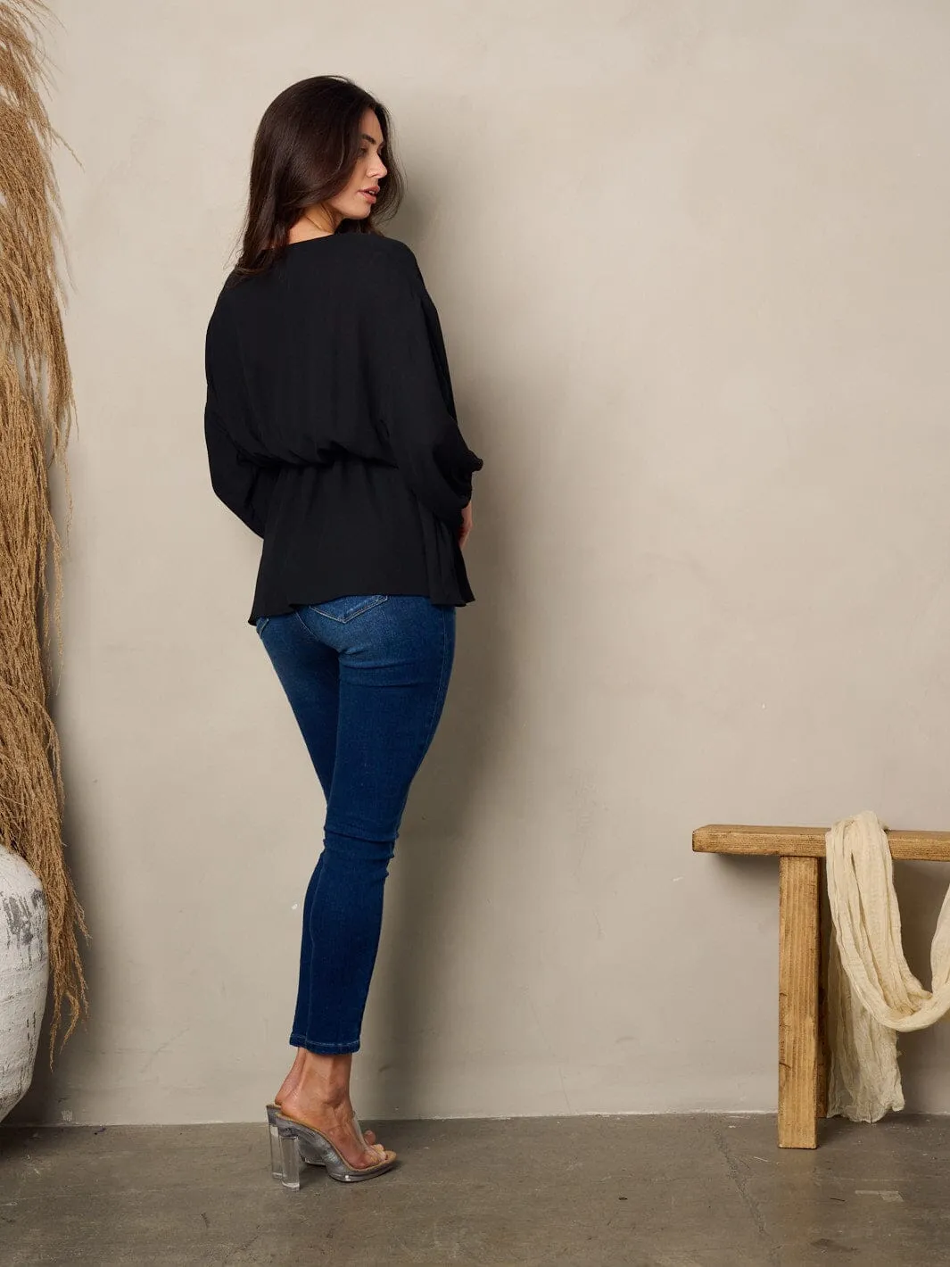 WOMEN'S 3/4 SLEEVE ELASTIC WAIST BLOUSE TOP