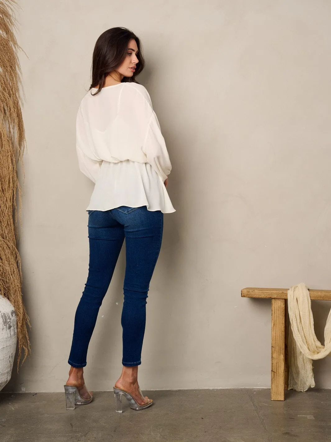 WOMEN'S 3/4 SLEEVE ELASTIC WAIST BLOUSE TOP