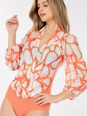 WOMEN'S 3/4 SLEEVE SURPLICE MULTI PRINT BODYSUIT