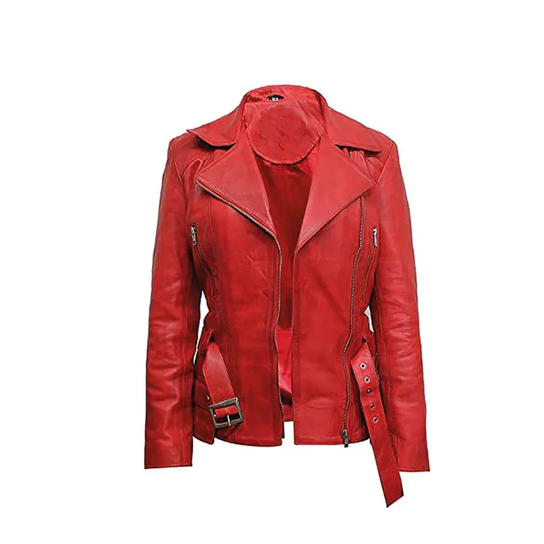 Women's Belted Front Zip Designer Moto Jacket