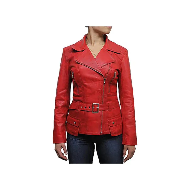 Women's Belted Front Zip Designer Moto Jacket